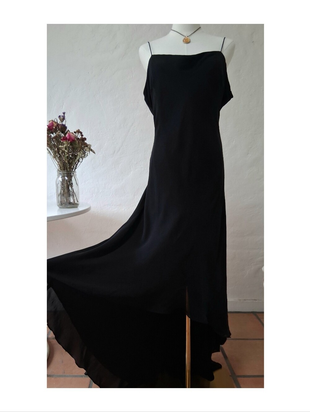 Vintage 90s Y2K Jones New York Black Silk High Low Slip Dress Gown Train 14